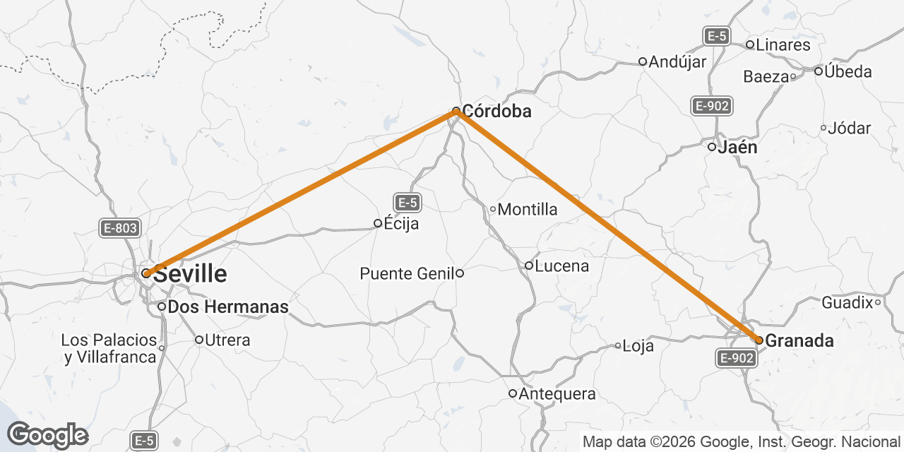 Map of Seville, Córdoba, Granada