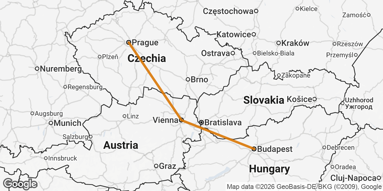 Map of Prague, Vienna, Budapest