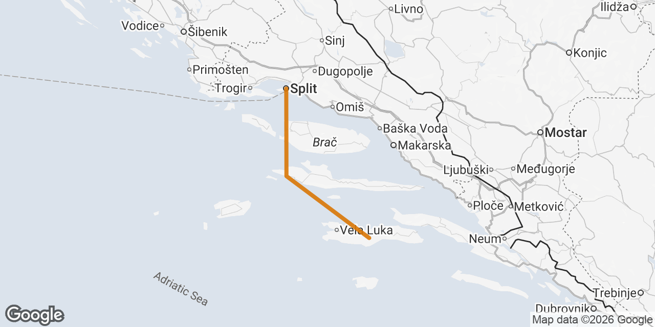 Map of Split, Hvar, Korčula