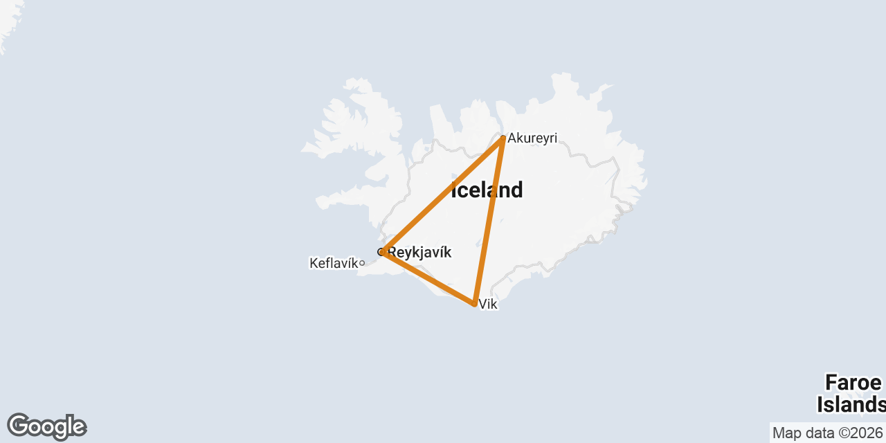 Map of Reykjavík, Vík, Akureyri