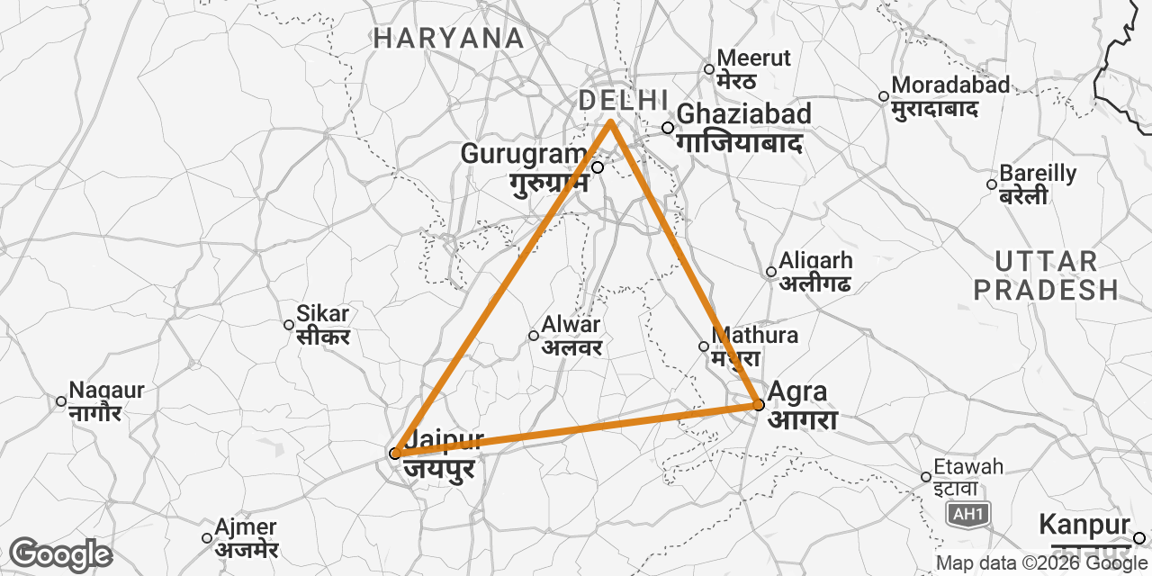 Map of Delhi, Agra, Jaipur