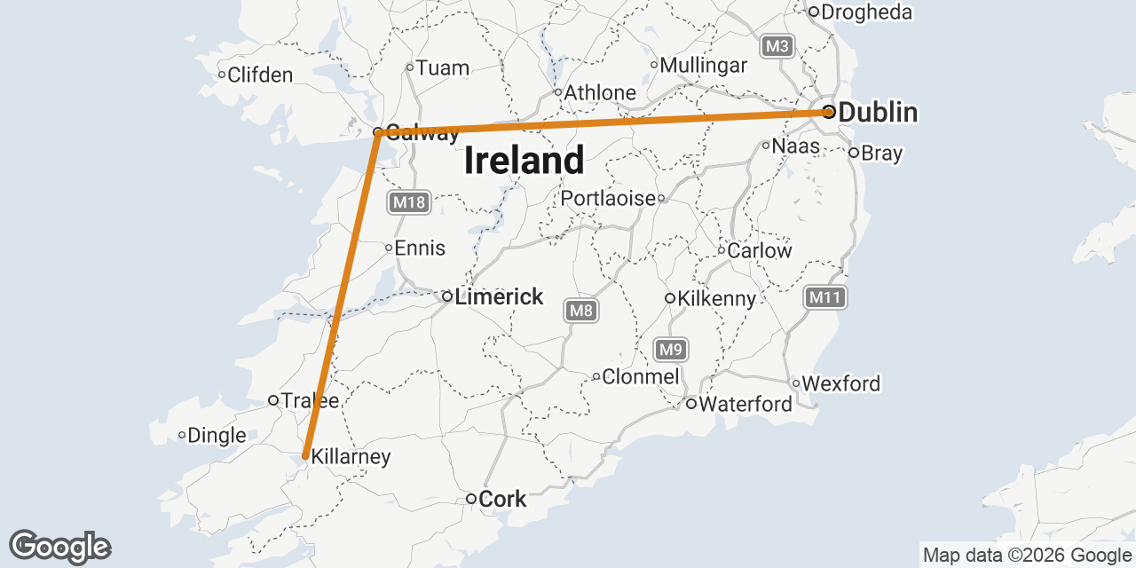 Map of Dublin, Galway, Killarney