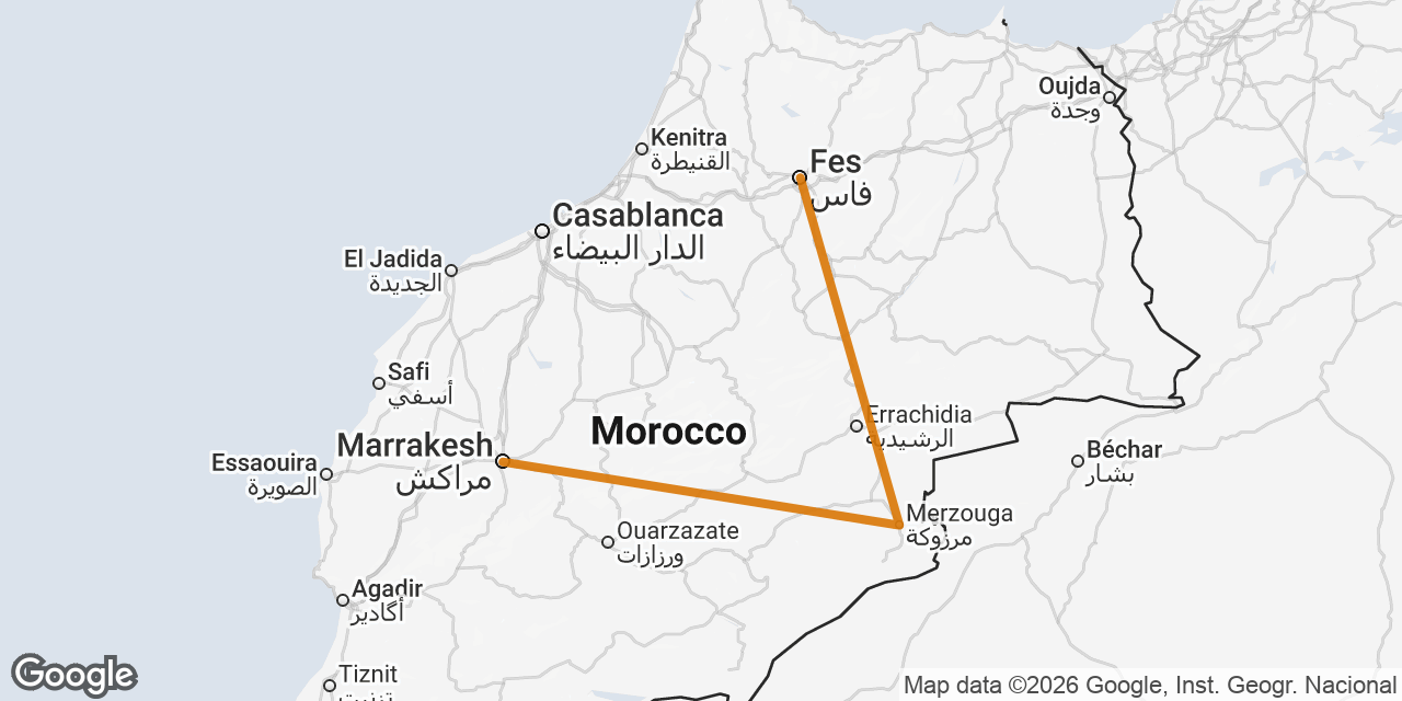 Map of Marrakech, Merzouga, Fes