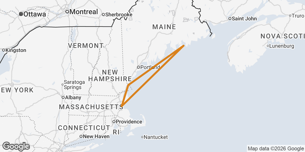Map of Boston, Portsmouth, Bar Harbor