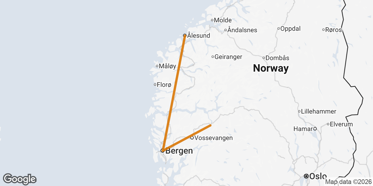 Map of Bergen, Flåm, Ålesund