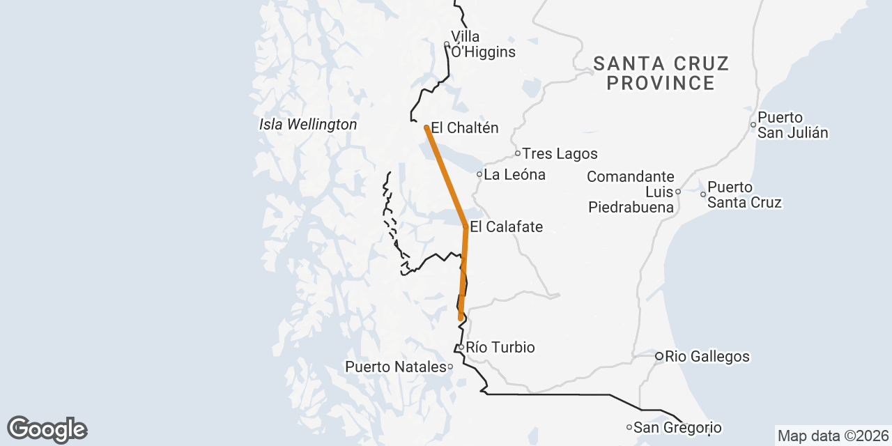 Map of El Calafate, El Chaltén, Torres del Paine