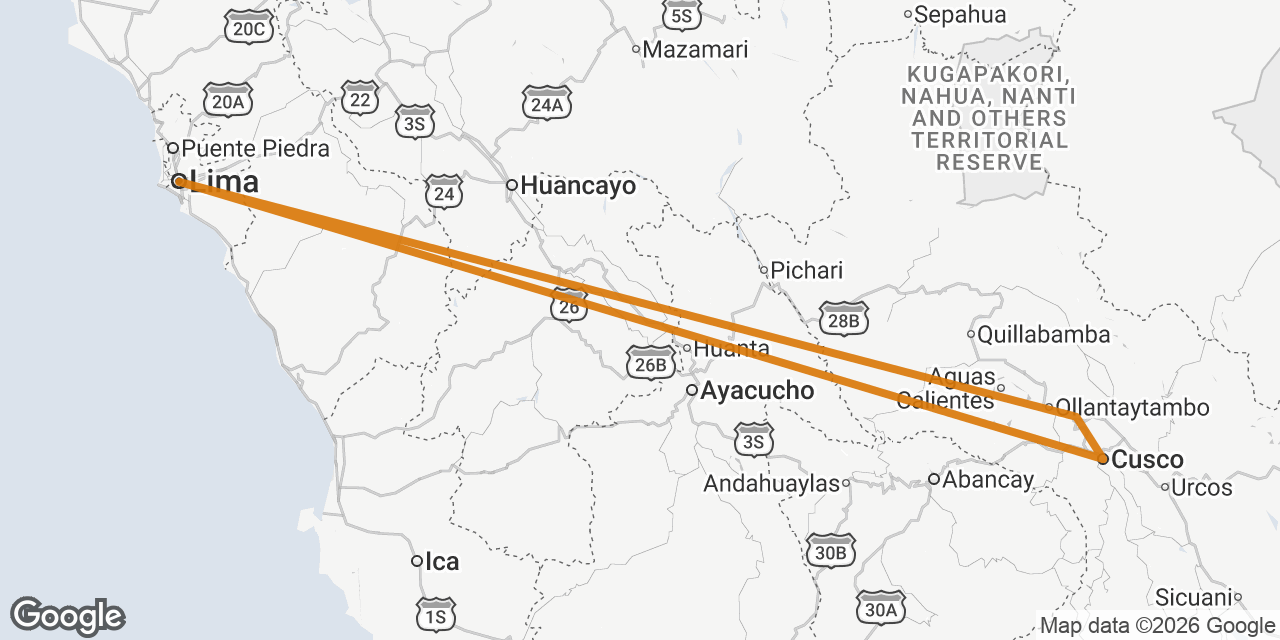 Map of Lima, Urubamba, Cusco