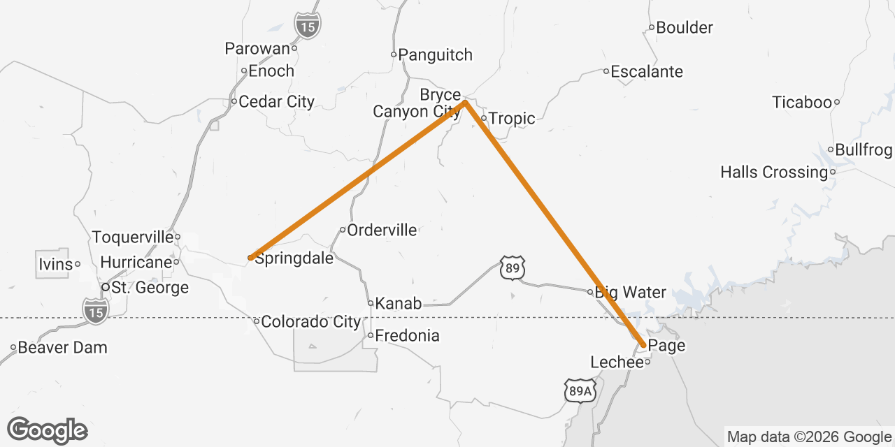Map of Springdale, Bryce Canyon City, Page