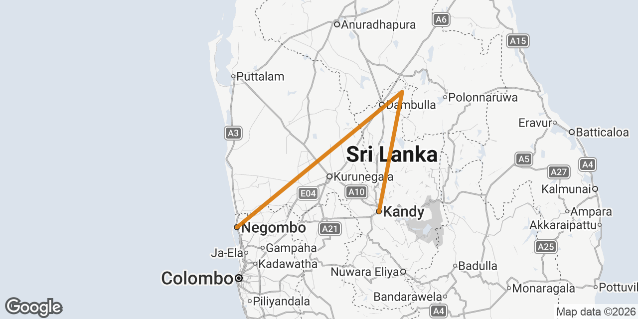 Map of Negombo, Sigiriya, Kandy